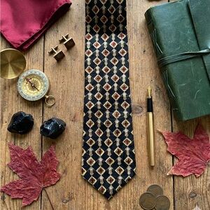 Vintage Towncraft Clip On Tie Black Gold Red Diamond Geometric